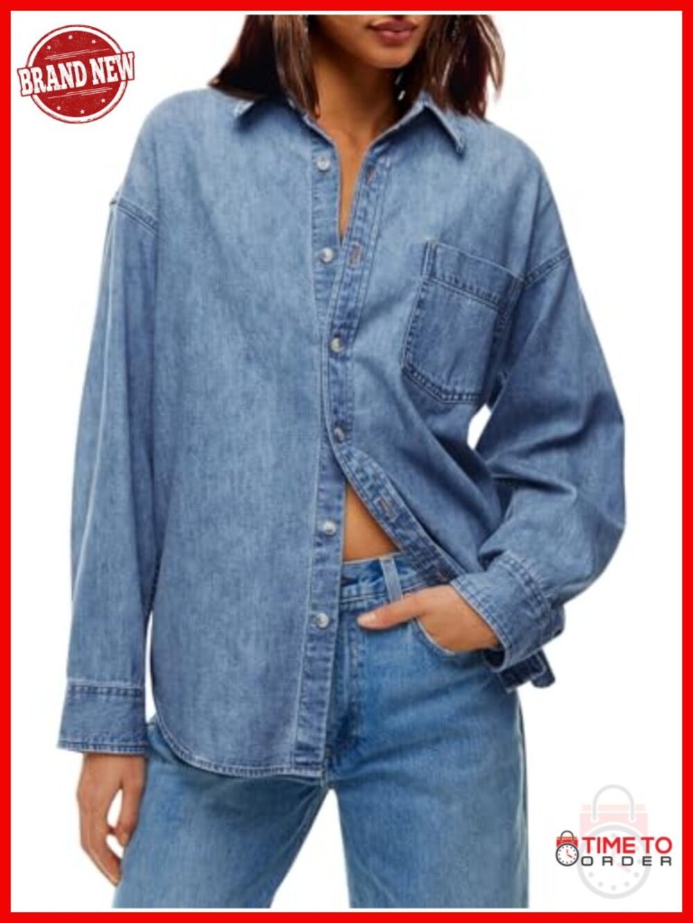 Oversized Denim Shirt Jean Jacket Button Down Long Sleeve Lightweight Cotton